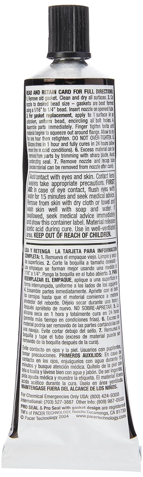 Back view of RTV Silicone Sealant For Metal Surfaces, 3 Oz Tube, Black, showing safety instructions.