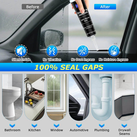 Black RTV Silicone Sealant Adhesive For All Purpose Waterproof Sealing In Car Windows Bathroom And Kitchen With Fast Curing Quick Set Shrink And Crack Proof High Bond Strength 100 Percent Silicone Caulk 1.8 Oz 50 G used in various home and car applications