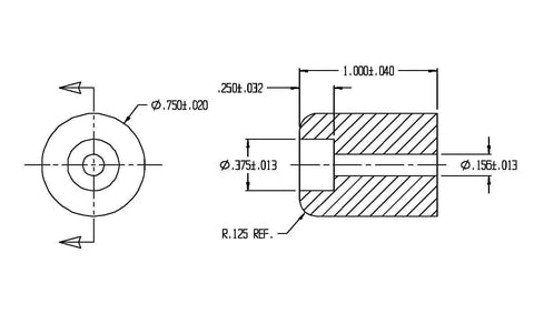 Technical drawing of black rubber equipment bumpers, 1x3/4 inch, impact absorbing neoprene, weather resistant, heavy duty USA made.
