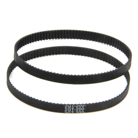 Two black timing belts, size 2GT-200, for machinery or 3D printers on a white background, closely positioned.