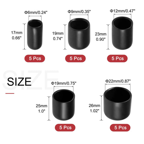 25pcs Round Rubber End Caps Protective Caps 1/4" 3/8" 1/2" 3/4" 7/8" Black Vinyl Cover Screw Thread Protectors Assortment for Metal Tubing, Screw, Bolt size chart