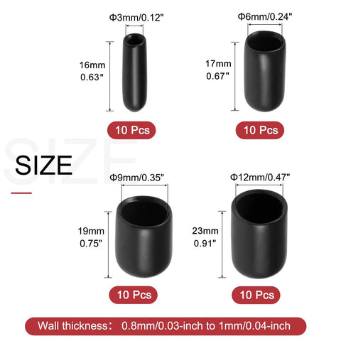 Assorted black vinyl screw thread protectors set showcasing 4 sizes with dimensions; 40pcs Round Rubber End Caps 1/8" 1/4" 3/8" 1/2"