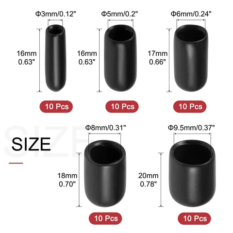 50pcs Round Rubber End Caps 1/8" 3/16" 1/4" 5/16" 3/8" Black Vinyl Cover Screw Thread Protectors Assortment Kit size chart