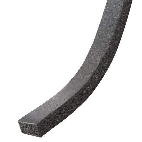 Close-up of black Self-Stick Rubber Foam Weatherseal, 3/8"W, 3/16"T, showing the texture and thickness of the product.