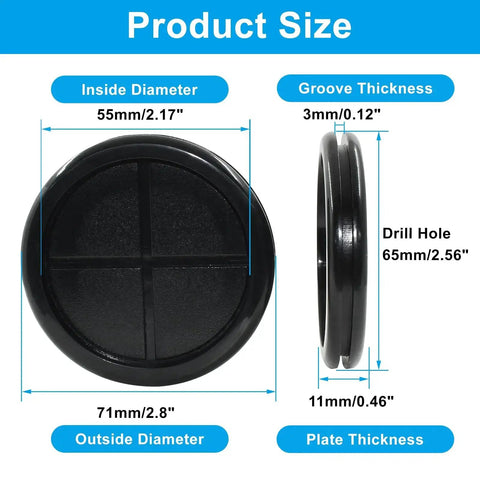 Front and side view of 2-1/8 Inch Inner Diameter Rubber Grommets For Wiring And Routing 2-1/2 Inch Drill Hole Dia 6 Pack Double Sided Rubber Plugs