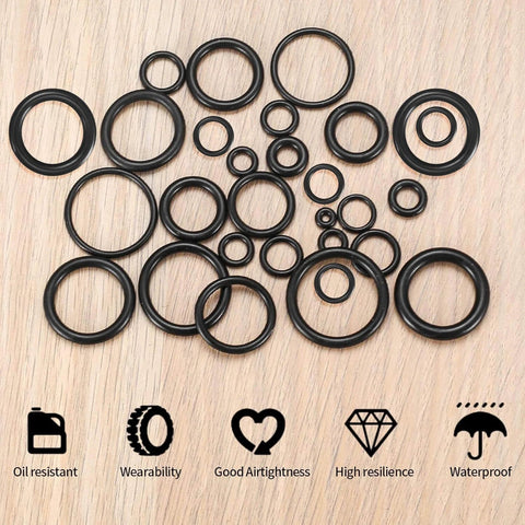 Assorted black rubber O-rings from 360 Pcs O Ring And Washer All In One Set With 24 Sizes In Black Rubber Seals For Pressure Washers.