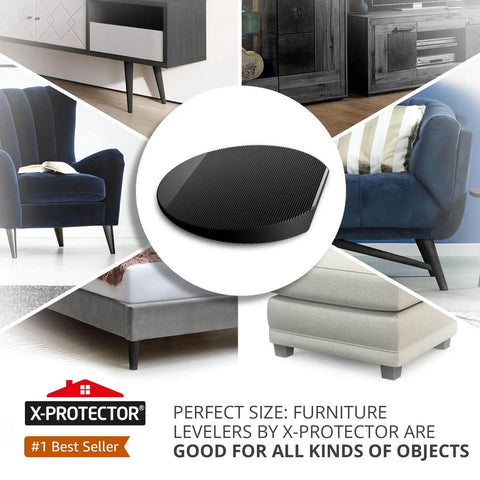 Wobble Proof Furniture Leveler Set, 30 Pack 2 Inch Black Rubber Shims For Leveling shown with sofas and cabinets