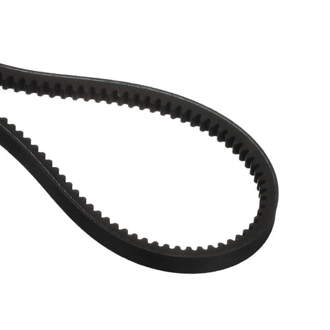 Close-up of a looped black rubber belt with teeth, highlighting its flexibility and durability for mechanical applications.