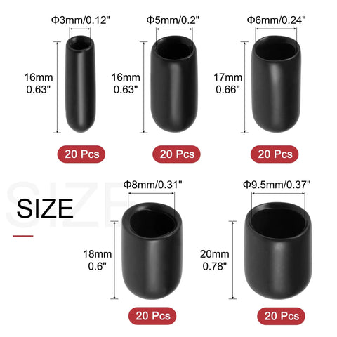 Round Rubber End Caps Set of 100 for 1/8, 3/16, 1/4, 5/16 and 3/8 Inch Inner Diameters Black Vinyl Protective Caps