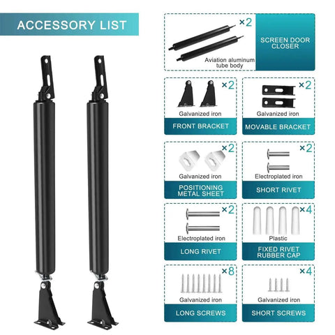 2 Pack Black Screen Door Closers set with adjustable pneumatic cushion, showing components and aluminum alloy body.