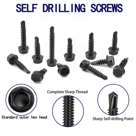 100pcs 410 Stainless Steel #10x1 Hex Washer Head Self Drilling Screws, Black Oxide Self Tapping Tek Screws for Metal Plates