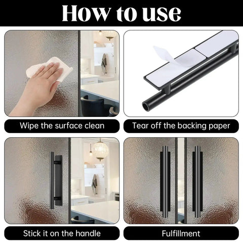 Installation steps for 30 Pack Self Stick Push Pull Cabinet Handles In Black ABS Plastic with wipe clean, peel tape, and application.