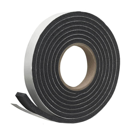Roll of Self-Stick Rubber Foam Weatherseal, 3/8"W, 3/16"T, Black showing sponge texture and adhesive backing.