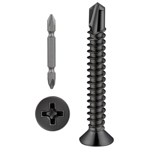 250pcs #8 x 1-1/4 Inch Flat Head Self Tapping Sheet Metal Screws Black Stainless Steel, screw bit, and head detail view