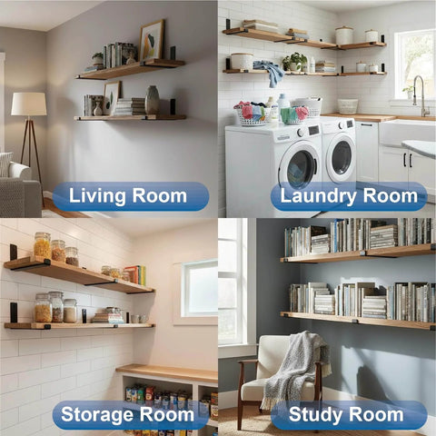 12 inch Shelf Brackets 6-Pack installed as wall shelving in living, laundry, storage, and study rooms with black coated finish