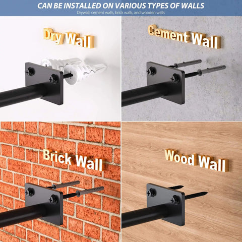 Beefy 8 Inch Floating Shelf Brackets Set for Hidden Support Blind Shelf Mounts for Floating Wood Shelves Includes Screws and Wall Plugs Black Steel Holds Up To 80 lbs installed on different wall types, including drywall, cement, brick, and wood.