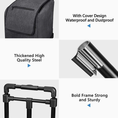 2 in 1 Grocery Cart on Wheels for Stairs, waterproof bag, strong steel frame, black shopping cart design details shown