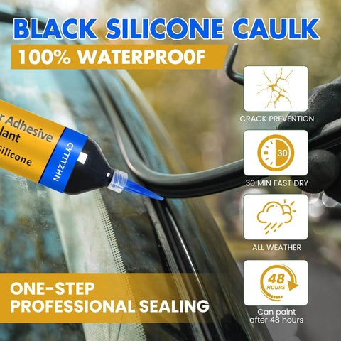 Automotive Black Silicone Sealant For Cars DIY Friendly Waterproof High Strength Flexible Crack Proof Caulk For Windshield Doors Gaskets and Trim Repair 1oz 30g All Weather being applied to car windshield for sealing.