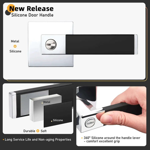 2 Pack No Hassle Modern Soft Black Silicone Door Handles With Privacy Bedroom Levers And Polished Chrome Knobs shown in detail