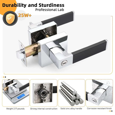 2 Pack No Hassle Modern Soft Black Silicone Door Handles with Privacy Levers and Polished Chrome Knobs, zinc alloy construction.