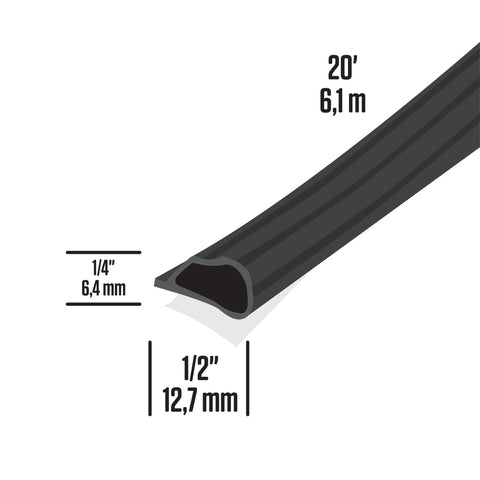 Door and window silicone gasket seal in black, 20 ft length; 1/4 in thick by 1/2 in wide cross-section