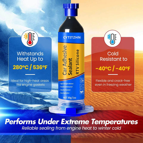 Automotive Black Silicone Sealant For Cars DIY Friendly Waterproof High Strength Flexible Crack Proof Caulk For Windshield Doors Gaskets And Trim Repair 1oz 30g All Weather shown with temperature resistance features