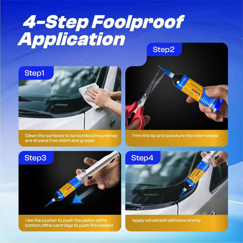 4-step guide showing Automotive Black Silicone Sealant For Cars DIY Friendly Waterproof High Strength Flexible Crack Proof Caulk application