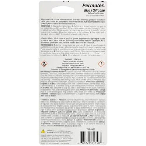 Back view of Black Silicone Adhesive Sealant Sensor Safe RTV Indoor Outdoor Waterproof Flexible Sealant For Glass Metal Plastics Fabric Vinyl Weather Stripping And Vinyl Tops 3 Oz Tube Pack Of 1 package