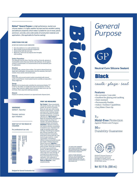 Product label of Black 100 Percent Silicone Sealant Caulk For General Purpose Use Waterproof Odor Free No Yellowing Color Stable Ten Point One Ounce Cartridge Quick Cure In About 30 Minutes Ready For Water Exposure.