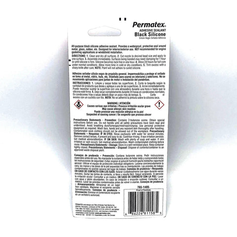 Back packaging view of Black RTV Silicone Sealant For Weatherproofing And Gearhead Approved Auto DIY Repairs General Purpose Sealant 3 oz tube