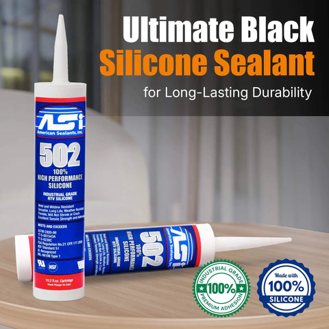 Heavy Duty Black Silicone Sealant For Permanent Waterproofing And Heat Resistance, 100 Percent RTV Caulk displayed on a table.