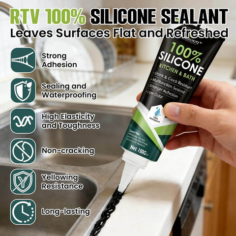 Person using Pro-Grade RTV Silicone Sealant, 100 Percent Silicone, Waterproof, Strong Adhesion, Flexible And Durable, Heat And Cold Resistant, DIY-Friendly And Road-Tested For Car, Kitchen, Bathroom, Windows And Doors Sealing, Black, 150g in kitchen application.