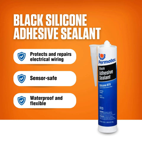 Black Silicone Adhesive Sealant tube with protective features highlighted, heavy-duty RTV for indoor and outdoor use.