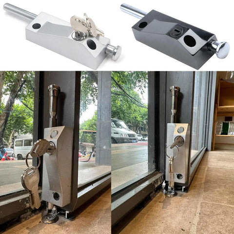 Black Sliding Door Lock For Window Glass Patio Doors Auxiliary Security Lock With Yale Keyway, heavy duty, installed view.