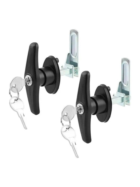 Dual locking T-handle kit for truck caps, left and right, in black and silver finish with included keys and hardware