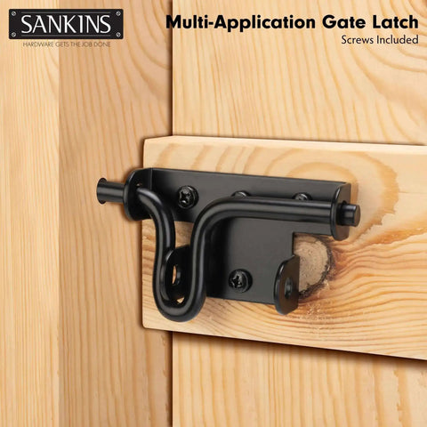 Heavy Duty Black Slide Bolt Gate Latch For Wooden Fences And Vinyl Gates With Padlock Hole, installed on wood fence