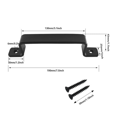 Sliding Barn Door Handle Black Steel, 7.5 Inch Length, dimensions, anti rust finish, with mounting screws visible.