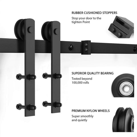 Heavy duty sliding barn door hardware kit with I shape hanger, rubber stoppers, nylon wheels, for 36 to 40 inch doors, black finish.