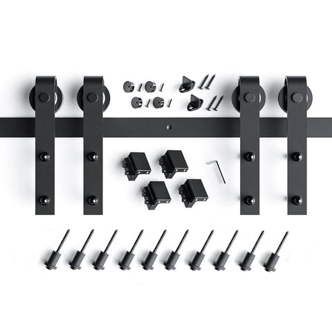 Components of 14 FT Double Door Sliding Barn Door Hardware Track Kit with basic J pulley, heavy duty steel construction, black finish