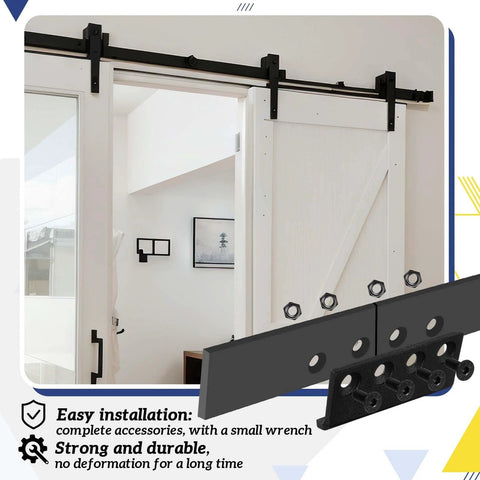 2 Set Sliding Barn Door Track Connector L-Shaped Rail Adaptor With Screws And Nuts Black For Universal Flat Tracks And Two-Way Sliding Doors, Visual Connector For Track Extensions And Double Door Applications shown installed on a white barn door.