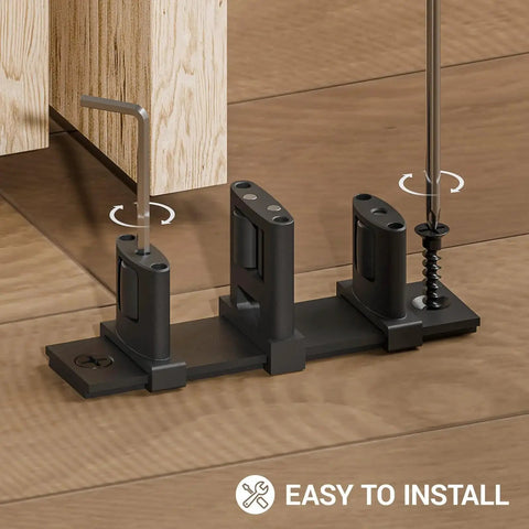 Sliding Closet Door Floor Guide for Bypass Doors with Adjustable Three-Roller System in Black, Rust-Resistant Aviation-Grade Aluminum installation view