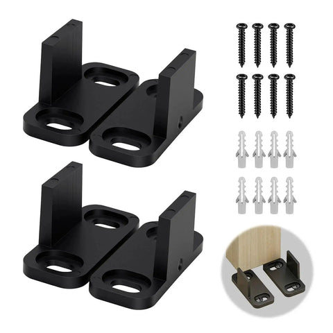 Sliding Barn Door Floor Guide Set, 4 Pcs Heavy Duty Adjustable Bottom Stopper and Swing Restrictor with Mounting Hardware shown in matte black close-up
