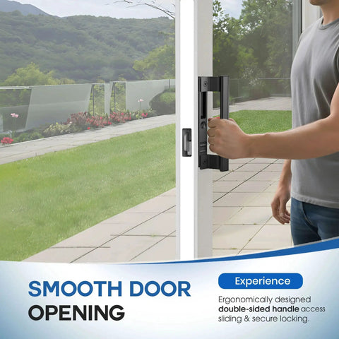 Sliding Glass Door Handle Set With Interior And Exterior Handles In Black 6-5/8 Inch Hole Spacing for easy patio door use