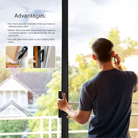 Man opening sliding glass door with black handle set in balcony view setup, showcasing ease of use and sleek design.