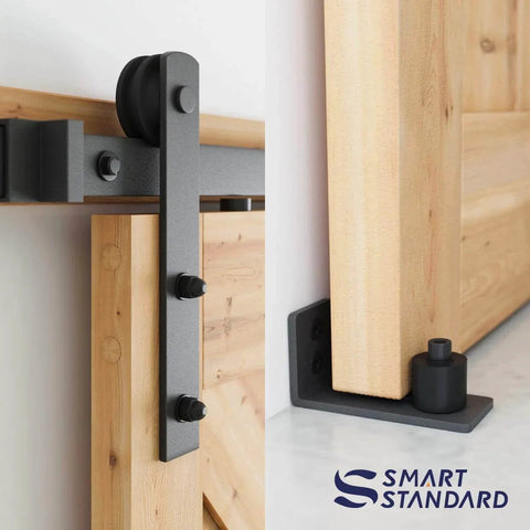 5 FT Heavy Duty Sturdy Sliding Barn Door Hardware Kit, Black, with I Shape Hanger and floor guide, close-up details