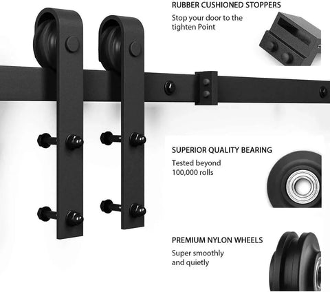 36 x 84 in Glass Barn Door with 6.6FT Sliding Hardware Kit showing rollers, rubber stoppers, and bearings, black finish.