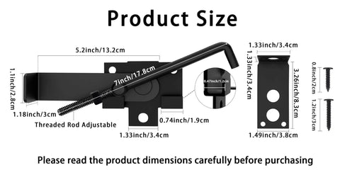 Sliding Door Latch With Hook Black Cam Latch dimensions illustration with measurements and parts labeled including screws.