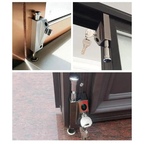 Black Sliding Door Lock Set Heavy Duty Alloy And Stainless Steel Construction 2 Pack With Keys And Installation Hardware For Patio Doors shown in various installed views