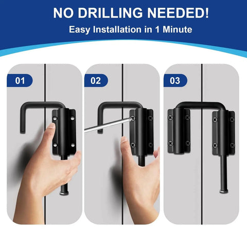 Installation steps for 2 Pack 2.36 Inch Patio Sliding Door Loop Lock for 90 to 180 Degree Glass Doors, black finish shown