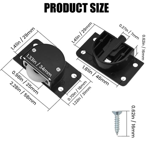 Black Wardrobe Sliding Door Wheel Kit with screws, includes 2 sets of pulleys and rails, shown with size measurements
